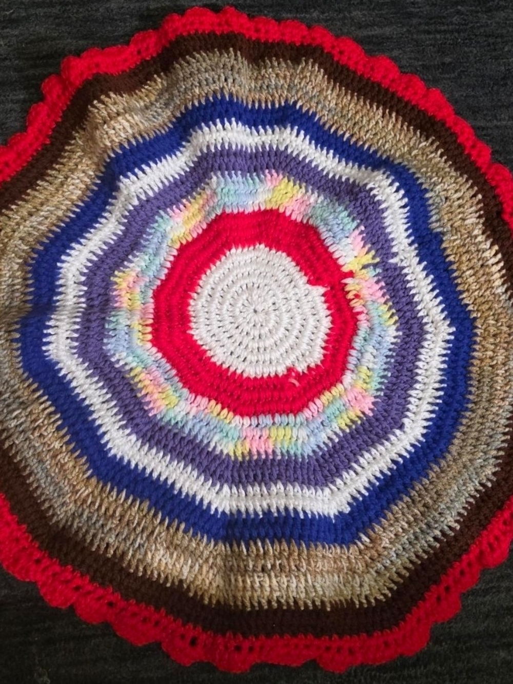 Handmade Multicolor Crochet Round table cover - Red Accent